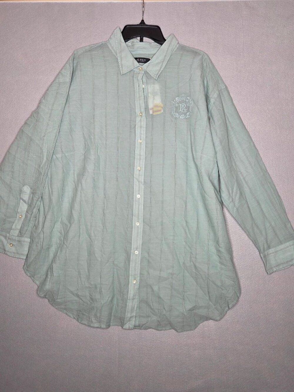 Lauren Ralph Lauren Plus Size Oversize Striped Cotton Voile Shirt -Sage Green